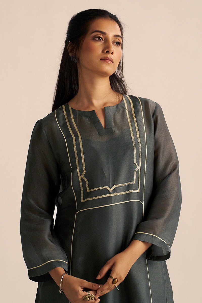 zoom view Iron Grey Silk Co-ord Set with Subtle Embroidery