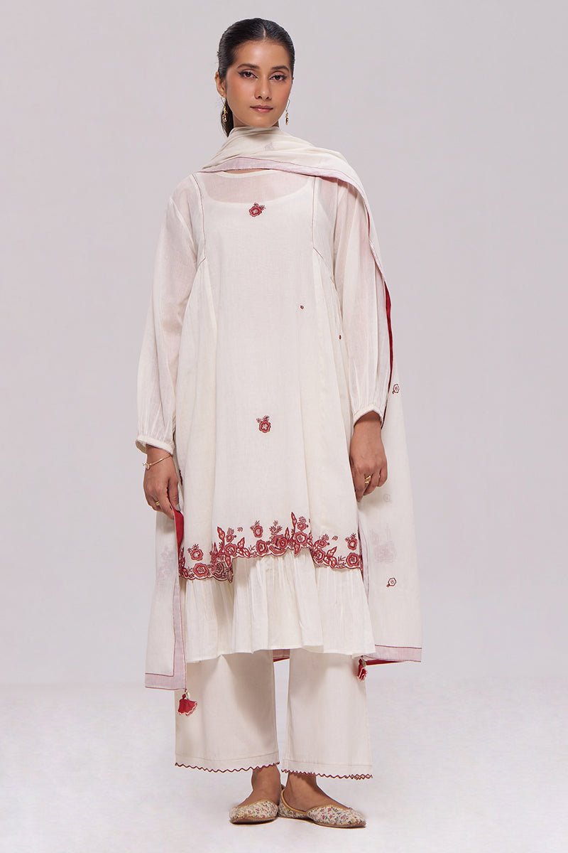 Ivory and Maroon Pure Cotton Kurta Set - Ganga Fashions