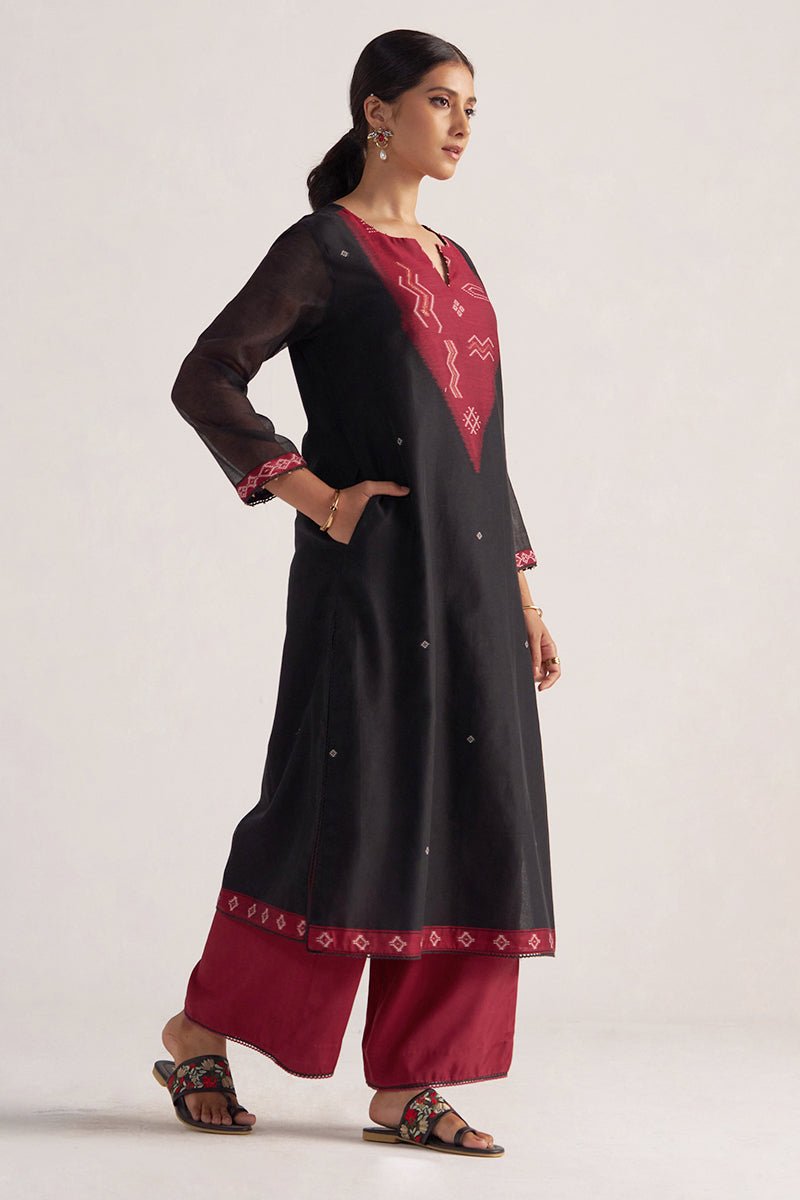Black and Maroon Woven Kurta Set