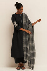 Black Cotton Kurta Set With Pure Linen Woven Dupatta