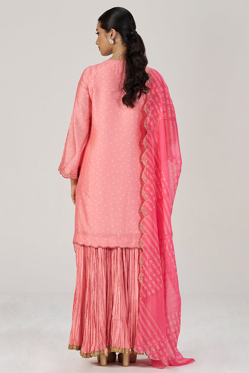 Peach Blossom Festive Bandhani Print Sharara Set