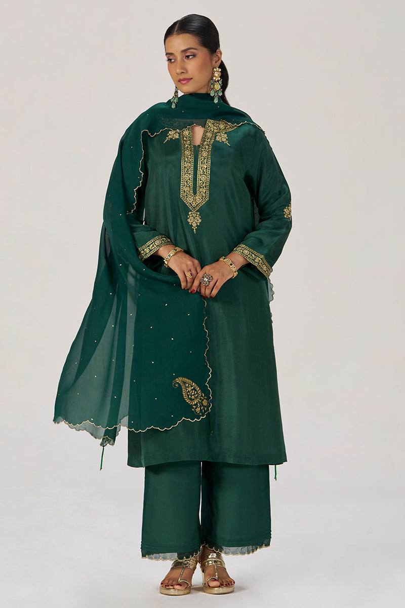 Deep Emerald Green Festive Silk Kurta Set
