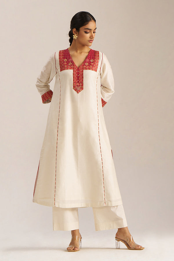 Ivory and Maroon Chanderi Banjara Embroidery Co-ord Set