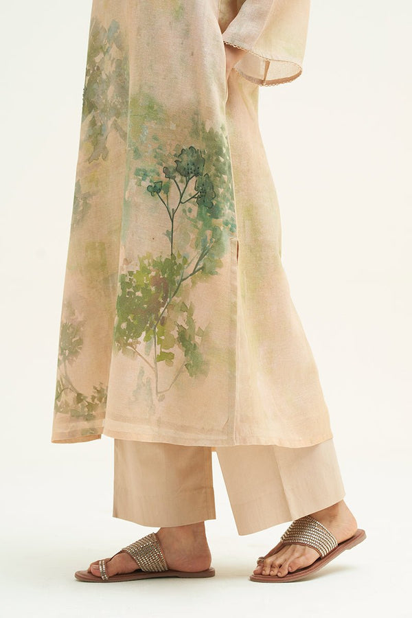 Wheat Beige and Green Printed Linen Co-ord Set