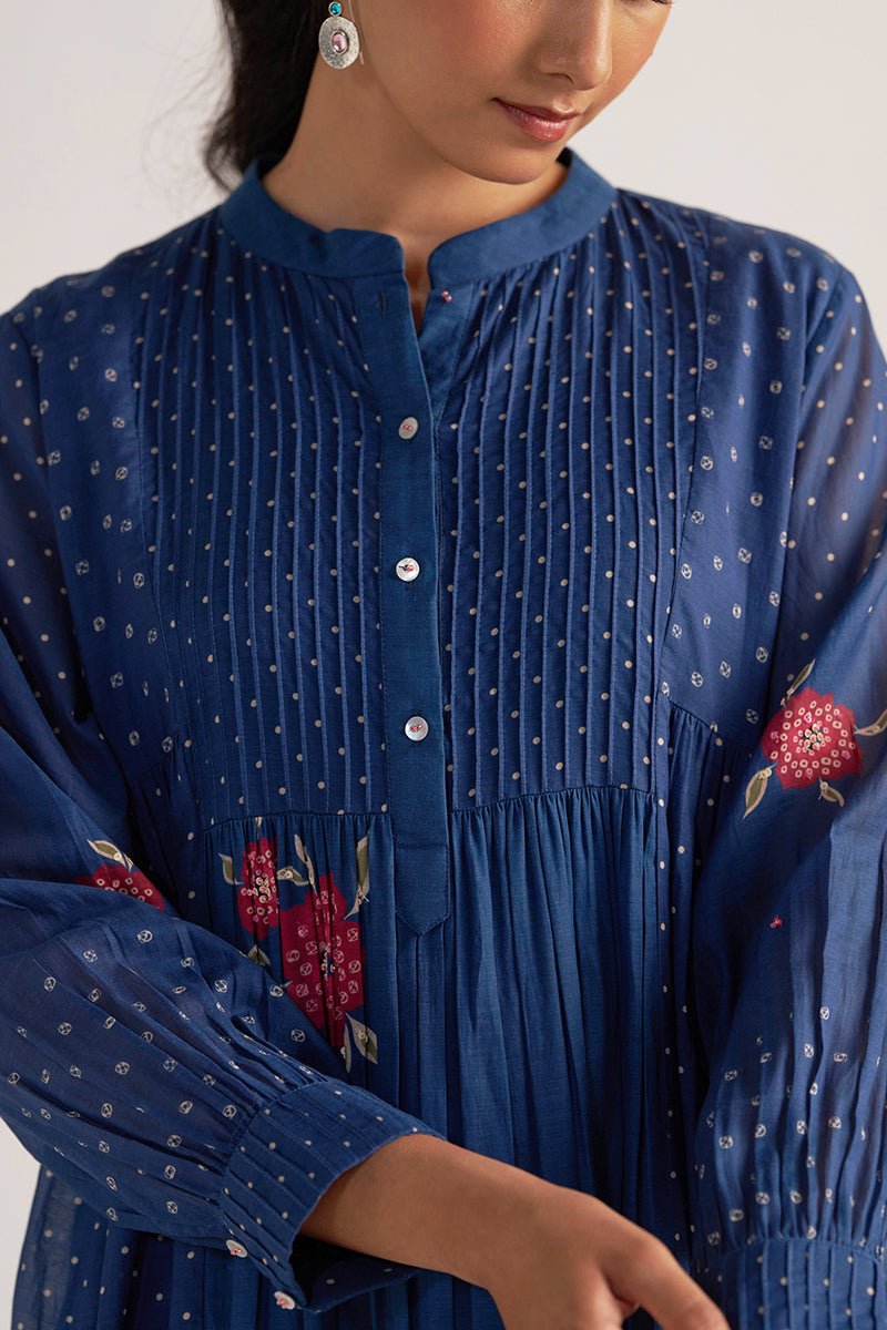 Navy Blue Bandhani and Flower Print Mul-Chanderi Co-ord Set