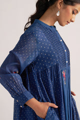 Navy Blue Bandhani and Flower Print Mul-Chanderi Co-ord Set