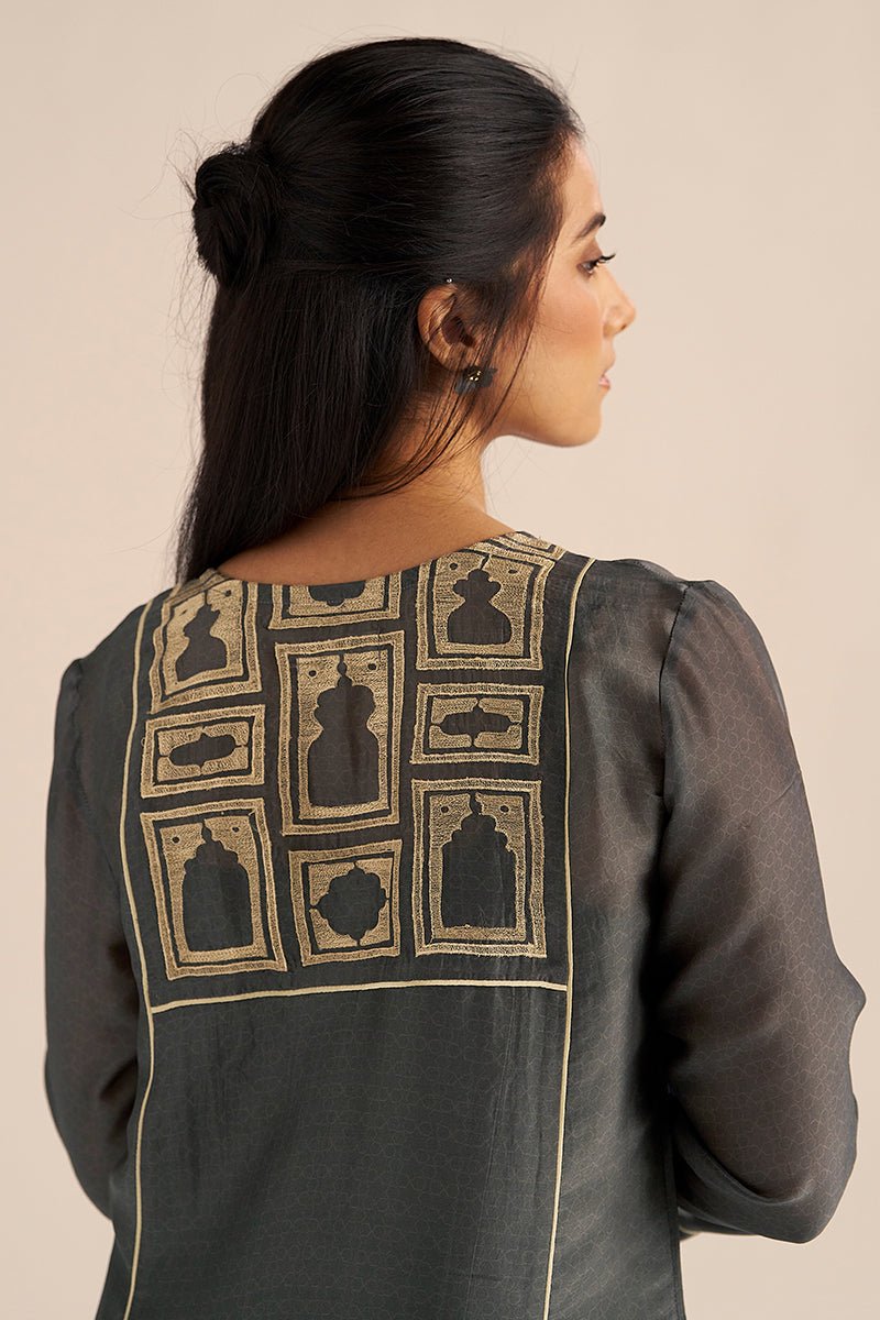 left side zoom model view Iron Grey Silk Co-ord Set with Subtle Embroidery
