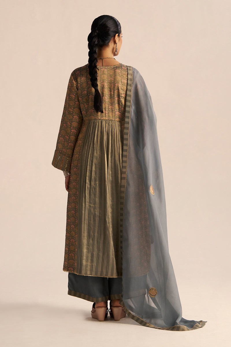 back side full model view Monument Grey Tissue Festive Kurta Set 