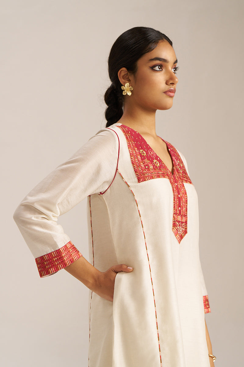 Ivory and Maroon Chanderi Banjara Embroidery Co-ord Set