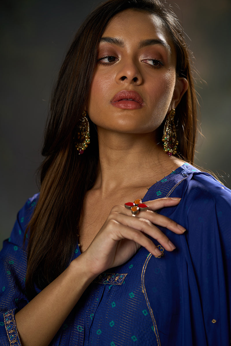 Mazarine Blue Zari Woven Checkard Silk Kurta Set