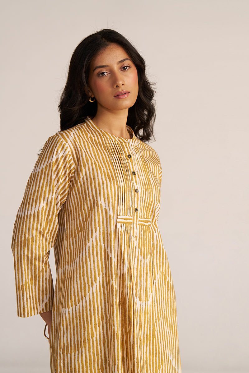 Mustard and White Print Cotton Kurta
