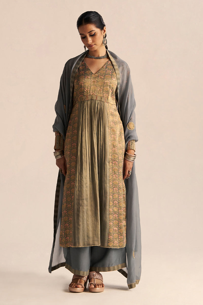Monument Grey Tissue Festive Kurta Set