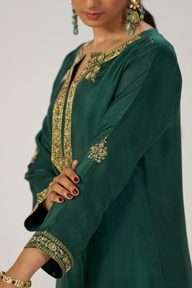 Deep Emerald Green Festive Silk Kurta Set