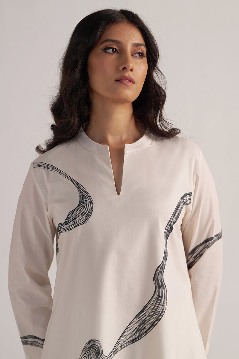face view Cream and Black Cotton Print Co-ord Set