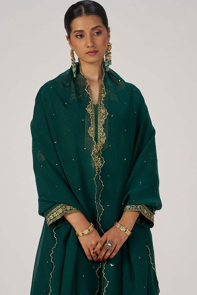 Deep Emerald Green Festive Silk Kurta Set