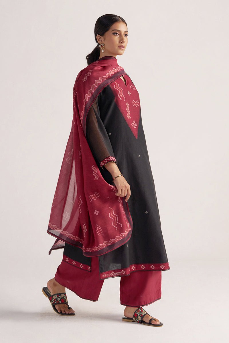 Black and Maroon Woven Kurta Set