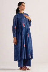 Navy Blue Bandhani and Flower Print Mul-Chanderi Co-ord Set