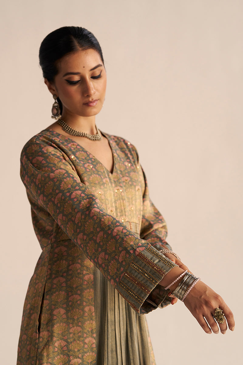 Front right hand view Monument Grey Tissue Festive Kurta Set 