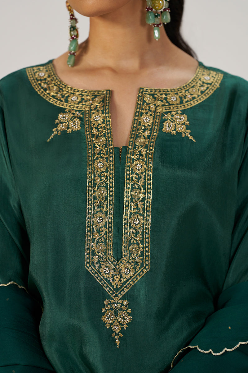 Deep Emerald Green Festive Silk Kurta Set
