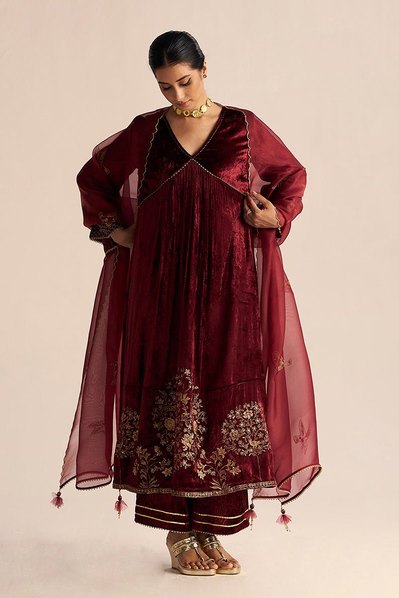 Sun-Dried Tomato Velvet Festive Kurta Set with Kora Silk Dupatta