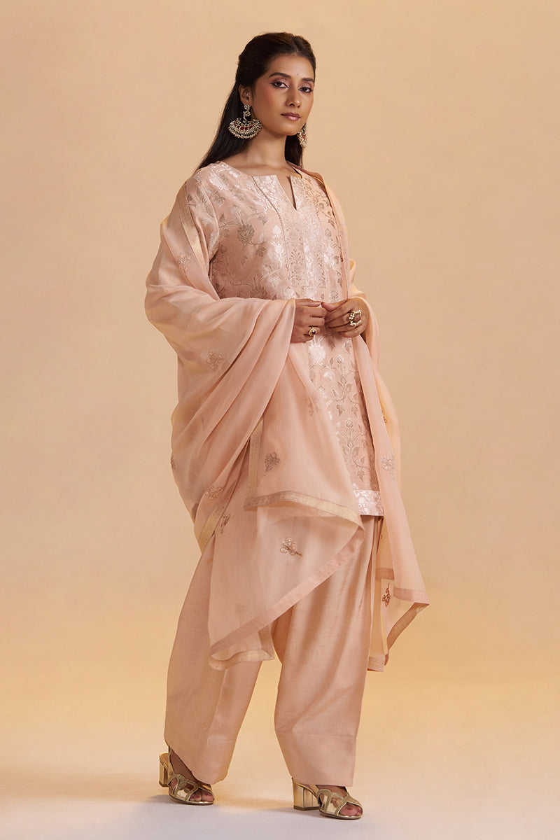 Blush Peach Pure Banarasi Jacquard Kurta Set