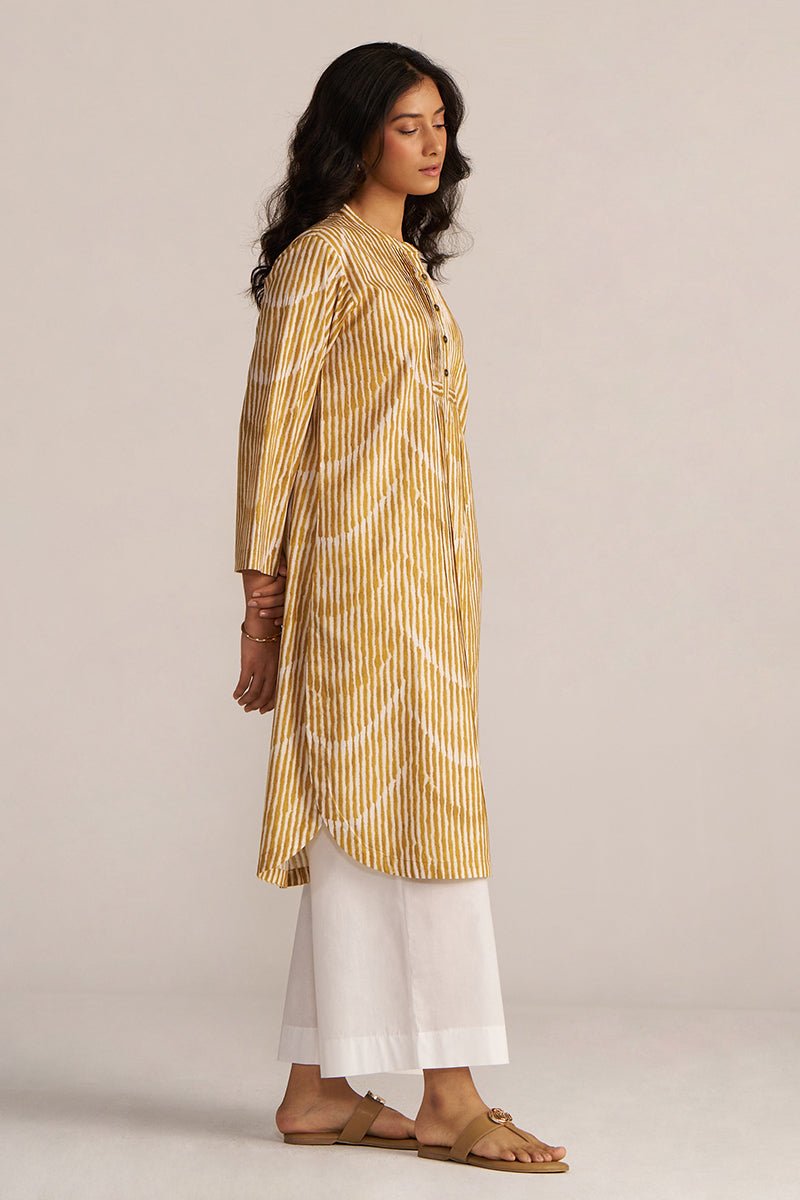Mustard and White Print Cotton Kurta