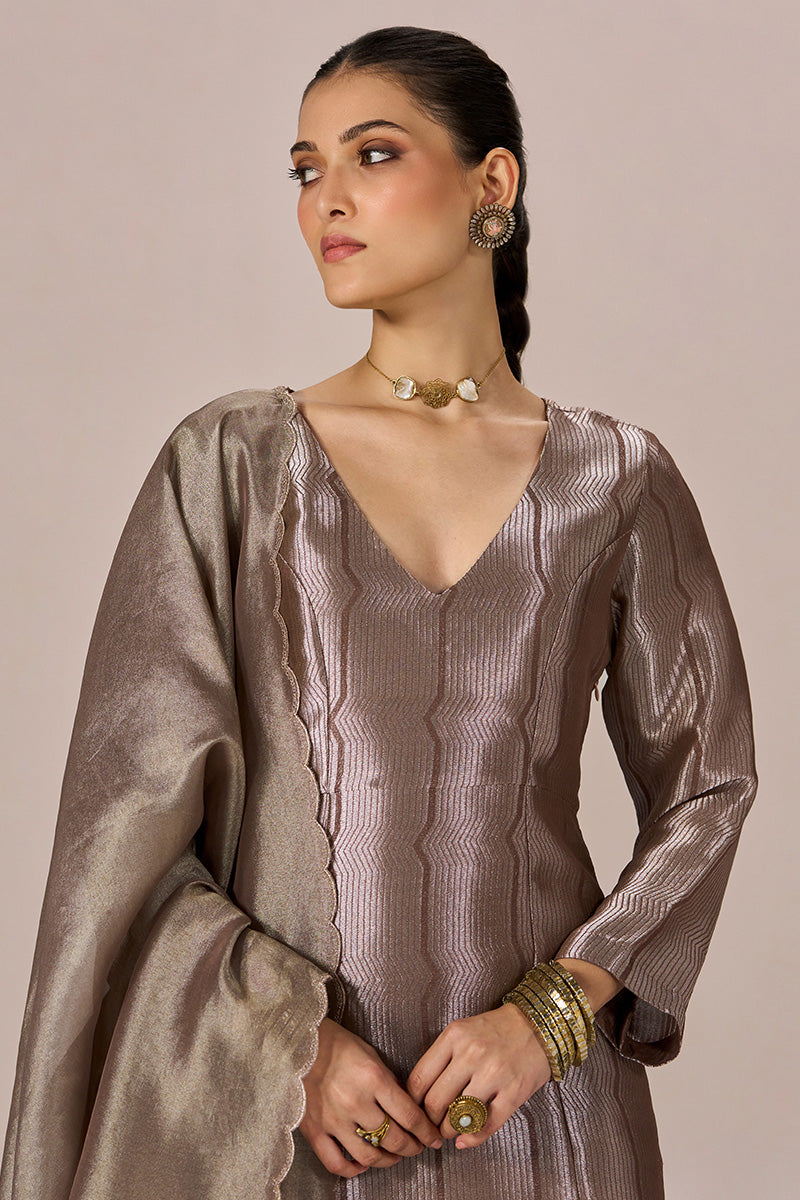 Light Brown and Soft Gold Tissue Festive kurta Set