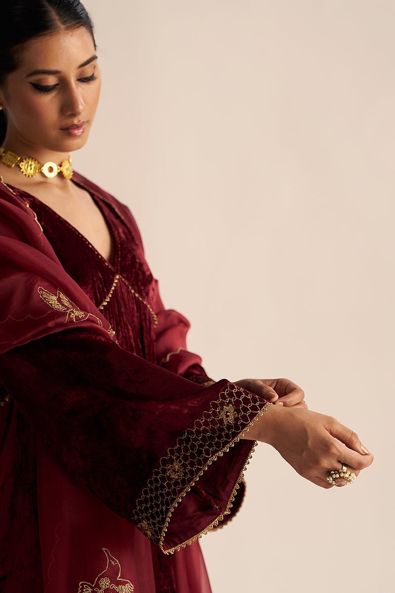 right hand view Sun-Dried Tomato Velvet Festive Kurta Set with Kora Silk Dupatta