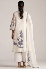 Woman wearing a white outfit with floral embroidery on a plain background | Ivory Navy Angrakha Chanderi Kurta Set
