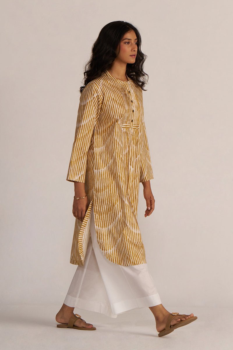 Mustard and White Print Cotton Kurta