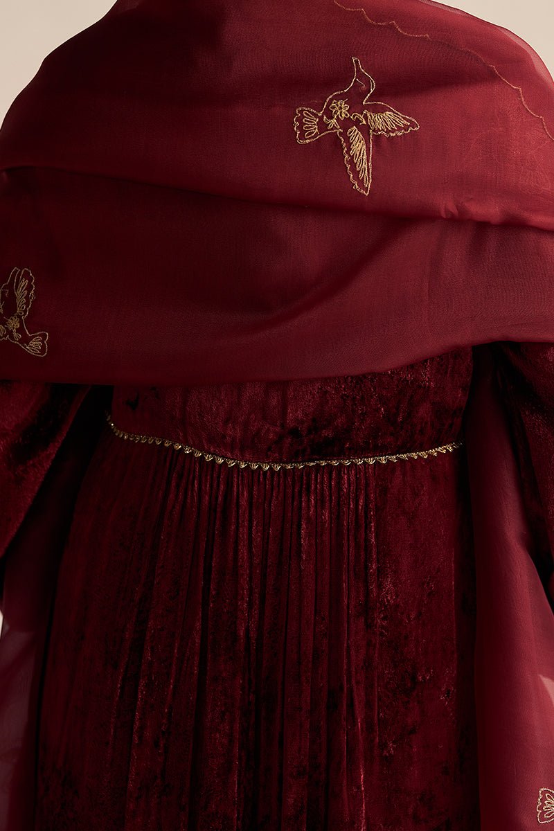 back side view Sun-Dried Tomato Velvet Festive Kurta Set with Kora Silk Dupatta