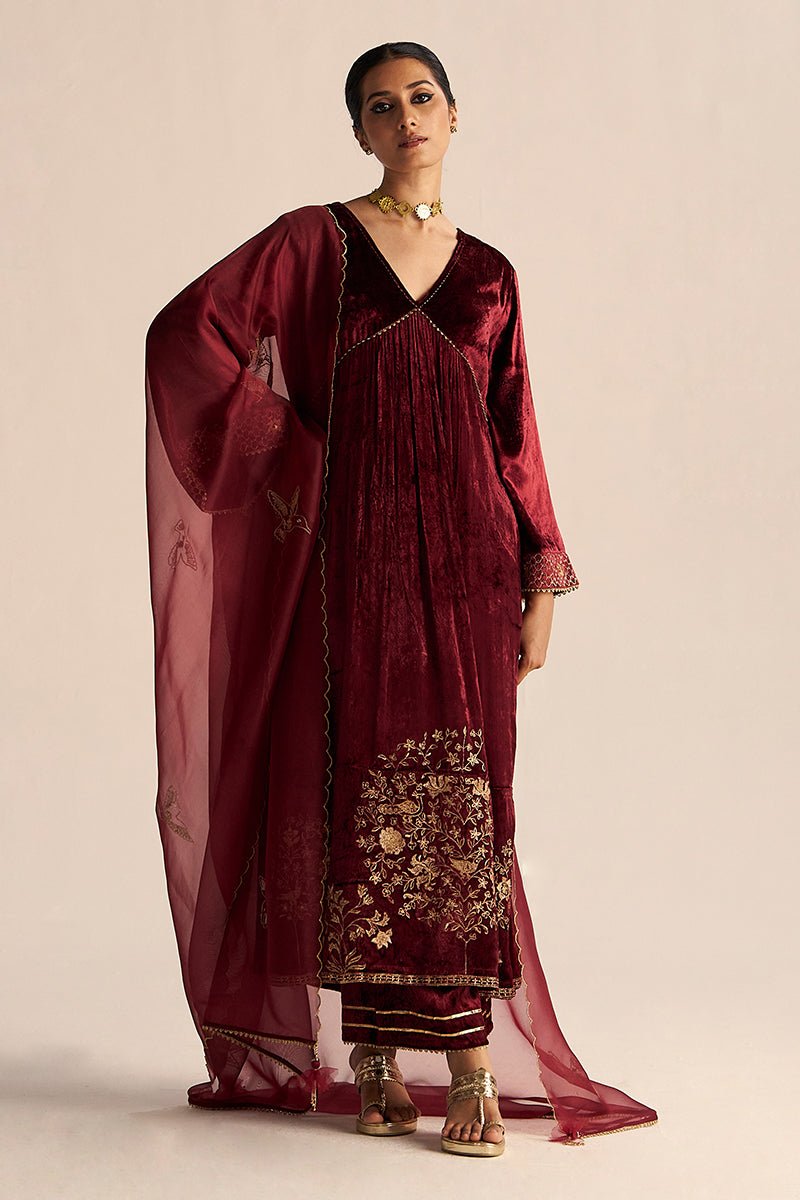 full body view Sun-Dried Tomato Velvet Festive Kurta Set with Kora Silk Dupatta