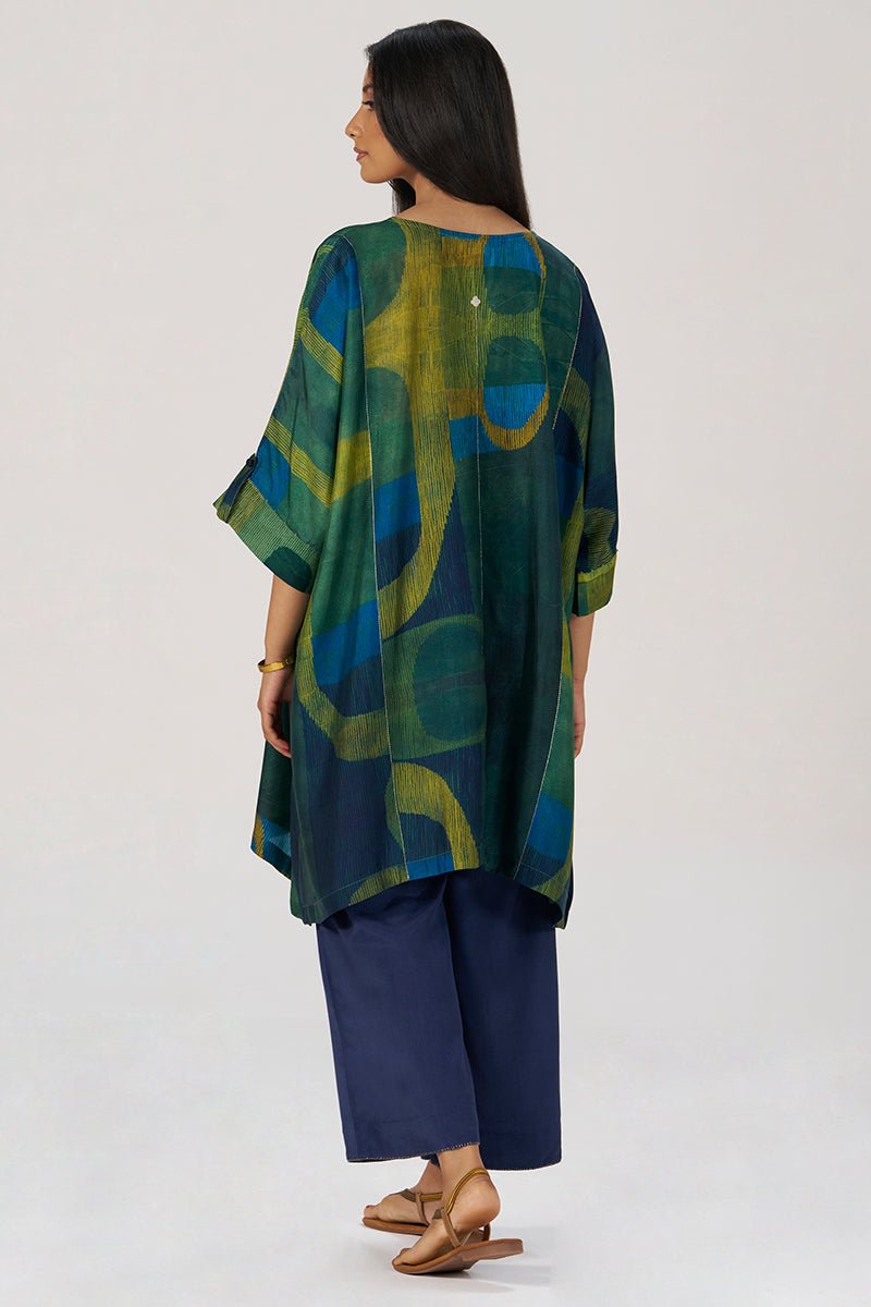 Deep Green and Blue Abstract Silk Co-ord Set - Ganga Fashions