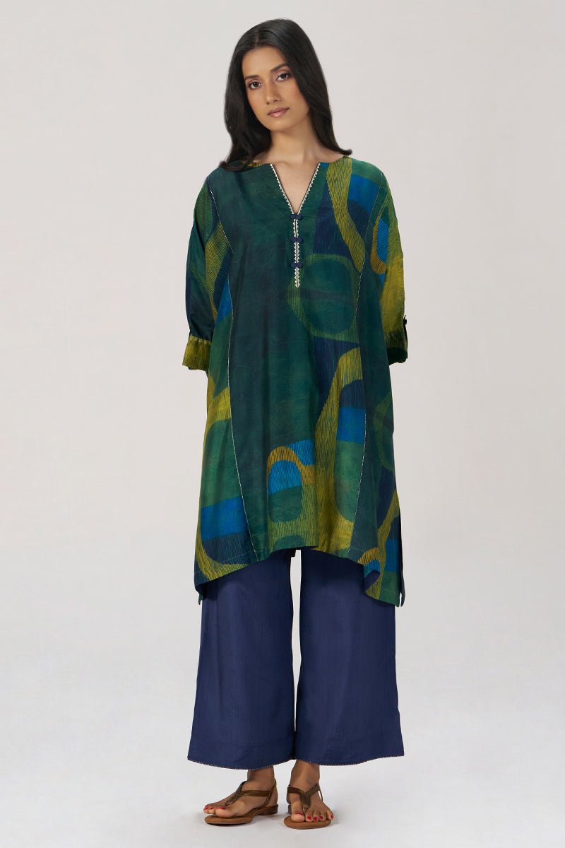 Deep Green and Blue Abstract Silk Co-ord Set - Ganga Fashions