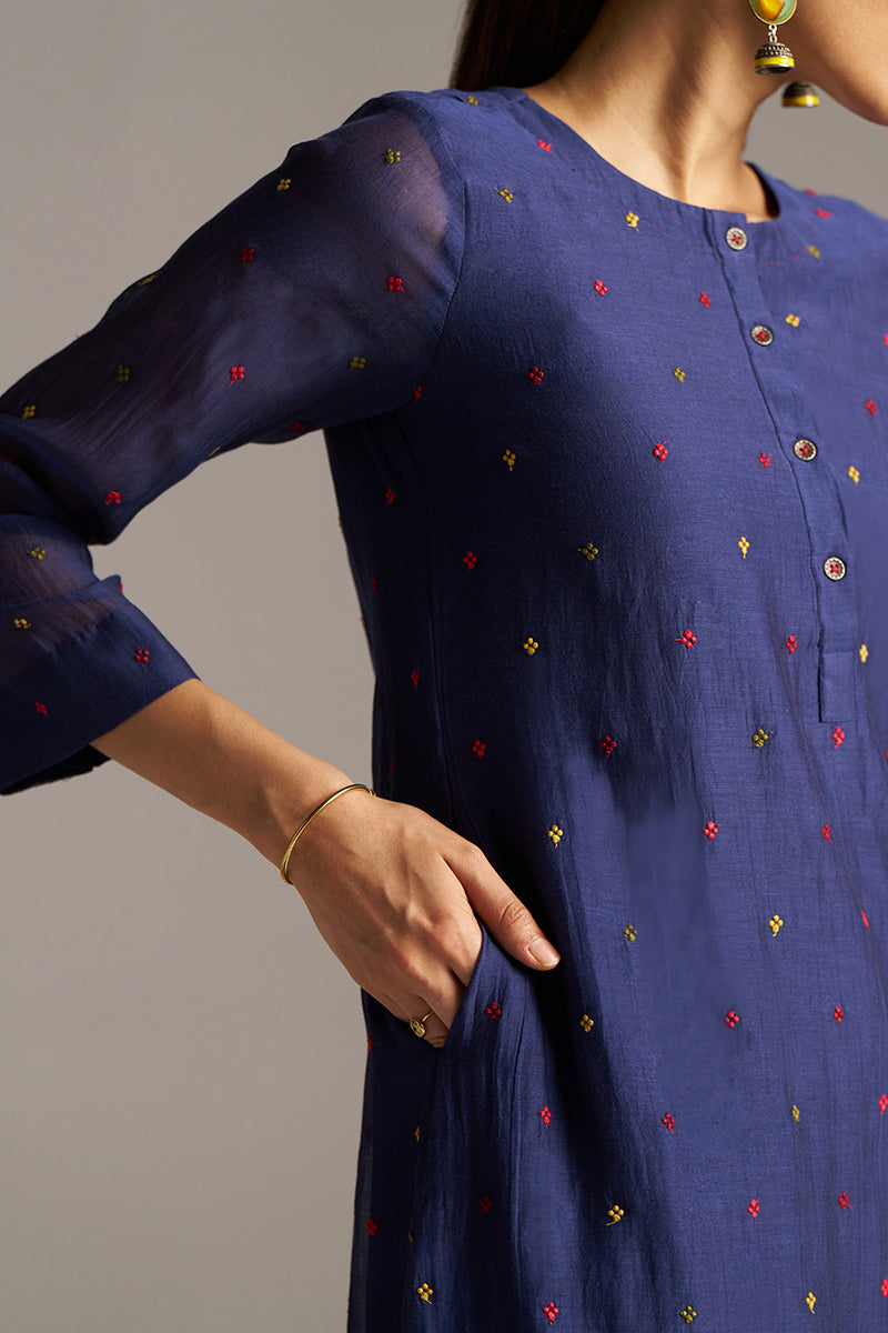 Blue Opal Embroidered Mul-Chanderi Festive Co-ord Set