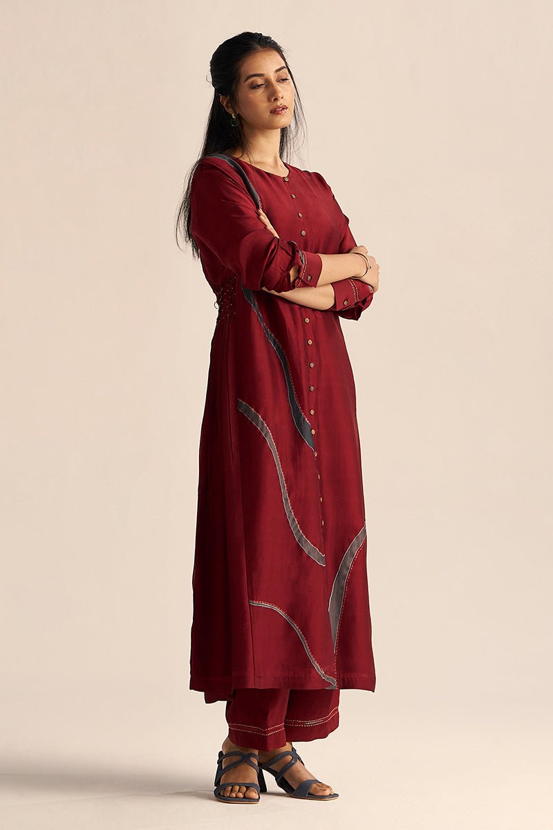 Full body model view Syrah Red Silk Co-Ord Set for Women