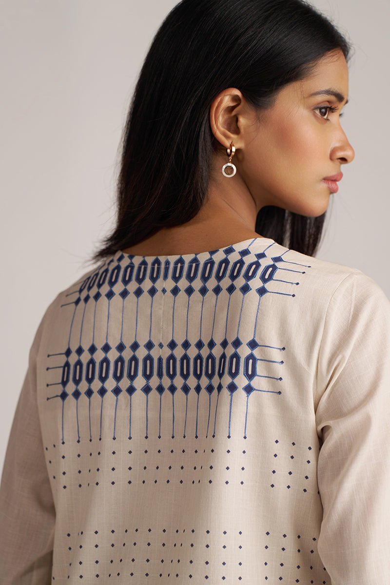 left back side model view Beige & Blue Mul Mul Print Co-Ord Set