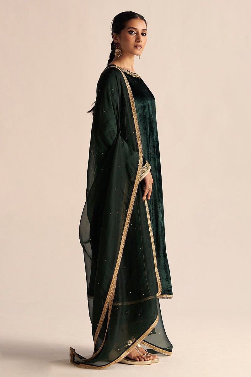 side view full body Ponderosa Pine Velvet Festive Kurta Set