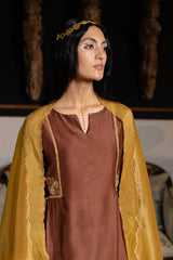 Dark Chocolate Brown and Mustard Chanderi Silk Festive Kurta Set