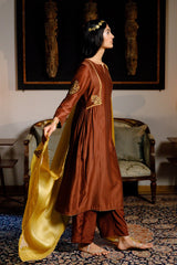 Dark Chocolate Brown and Mustard Chanderi Silk Festive Kurta Set