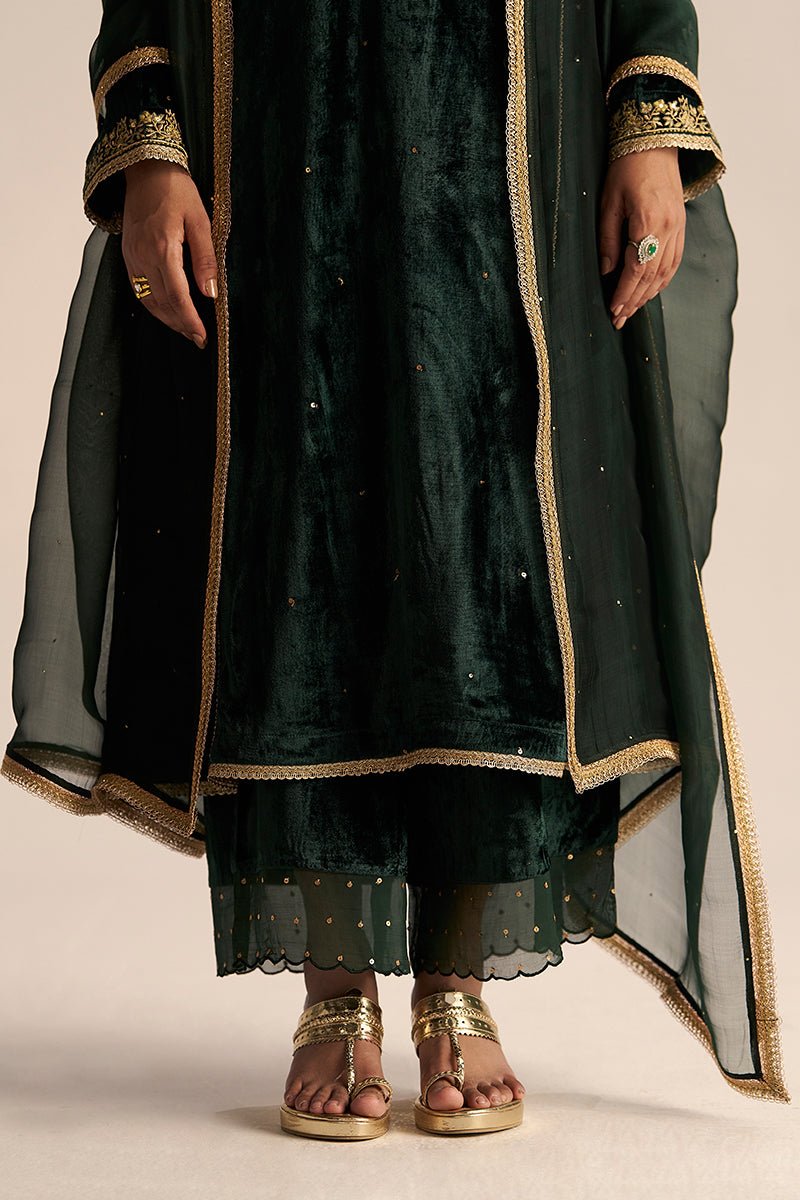 Leg view Ponderosa Pine Velvet Festive Kurta Set