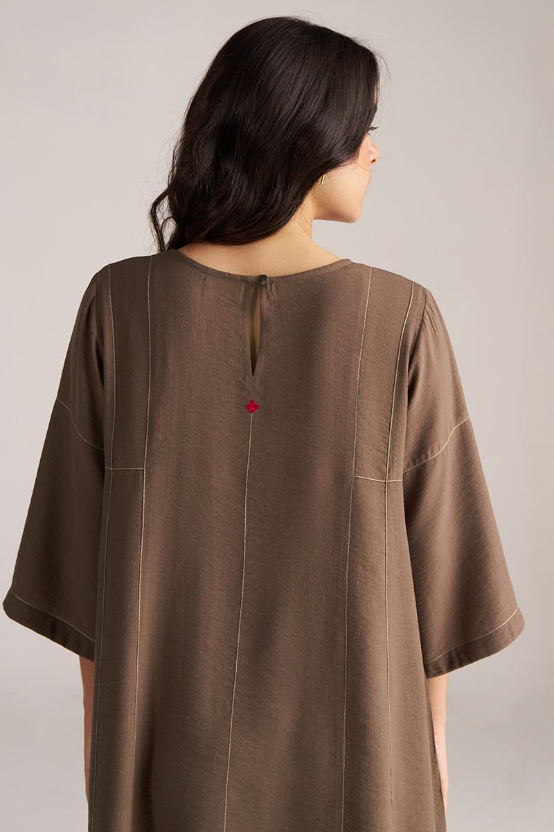 Brown dress worn by a person on a plain background, Rain Drum Brown Co-ord Set for Women | Rangmanch | Ganga Fashions