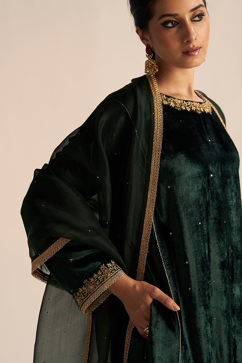 Right side face view Ponderosa Pine Velvet Festive Kurta Set