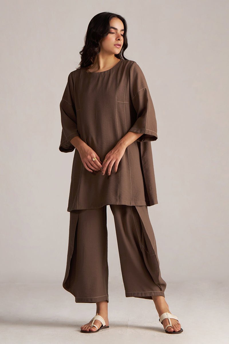 Woman wearing a brown outfit against a plain background, Rain Drum Brown Co-ord Set for Women | Rangmanch | Ganga Fashions