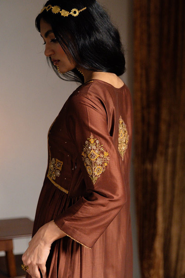 Dark Chocolate Brown and Mustard Chanderi Silk Festive Kurta Set