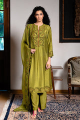 Green Olive Raw Silk Festive Kurta Set