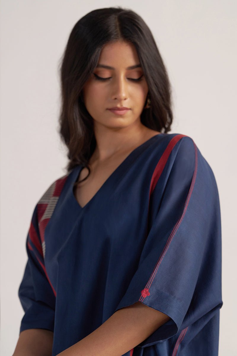 left side view Navy Blue Mul-Mul Kaftaan Set