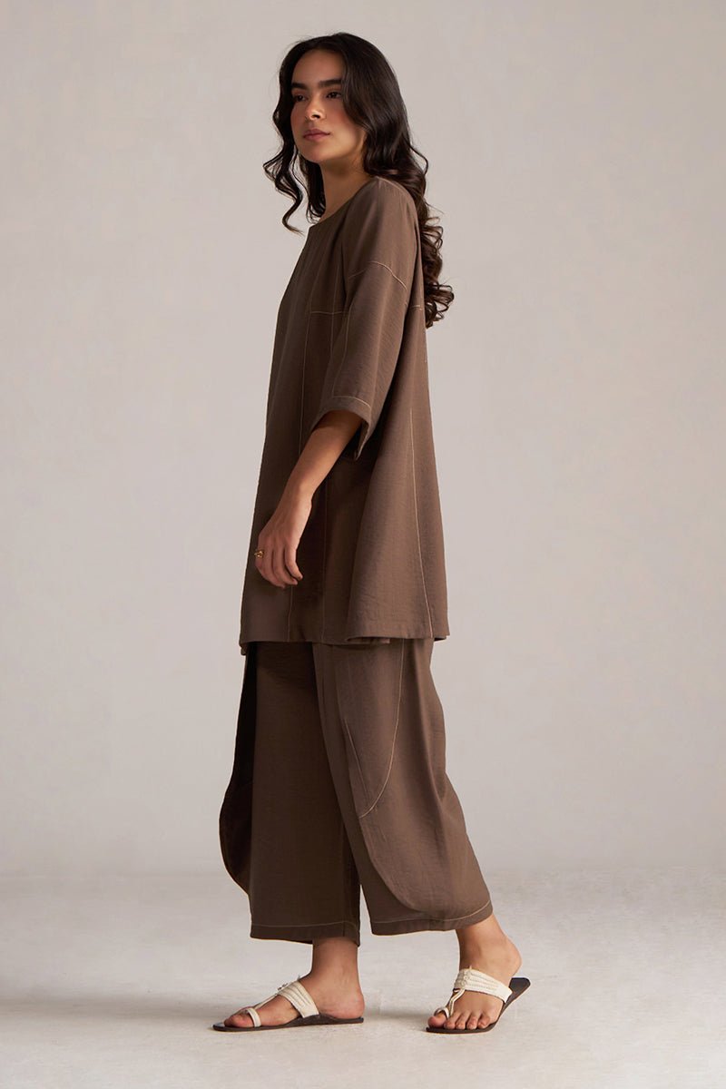 Woman wearing a brown outfit against a plain background, Rain Drum Brown Co-ord Set for Women | Rangmanch | Ganga Fashions