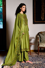 Green Olive Raw Silk Festive Kurta Set