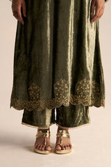 Deep Lichen Green Velvet Festive Kurta Set